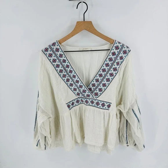 Lucky Brand Ivory Embroidered Cotton Gauze Peasant Blouse Size L Boho Peasant - Picture 9 of 9
